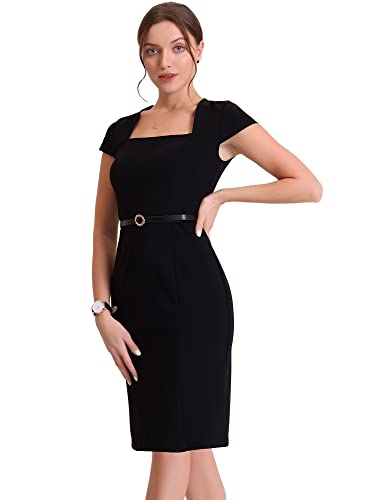 Allegra K Damen Etuikleid Vintage Kleid Eckigem Ausschnitt Elegant Minikleid Businesskleid Schwarz XS von Allegra K