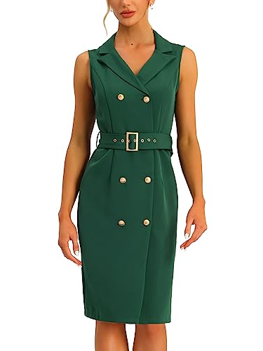 Allegra K Damen Etuikleid Kleid mit Gürtel Ärmellos Gekerbtes Revers Zweireihig Büro Elegant Minikleid Dunkel Grün L von Allegra K