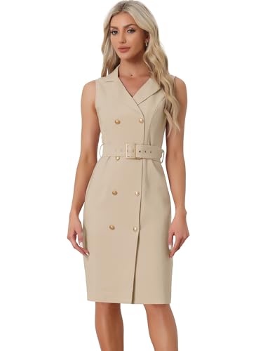 Allegra K Damen Etuikleid Kleid mit Gürtel Ärmellos Gekerbtes Revers Zweireihig Büro Elegant Minikleid Khaki M von Allegra K