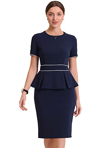 Allegra K Damen Etuikleid Kurzarm Rundhals Schößchen Business Elegant Figurbetont Kleid Dunkelblau XL von Allegra K