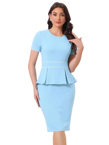 Allegra K Damen Etuikleid Kurzarm Rundhals Schößchen Business Elegant Figurbetont Kleid Hell Blau L von Allegra K