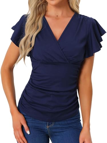 Allegra K Damen Faux Wickelbluse Sommer mit V-Ausschnitt Rüschen Casual Slim Fit Oberteil Dunkelblau XS Allegra K Damen Faux Wickelbluse Sommer mit V-Ausschnitt Rüschen Casual Slim Fit Oberteil Dunkelblau XS von Allegra K