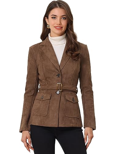 Allegra K Damen Faux Wildleder Blazer Gürtel Langarm Einreiher Arbeitsjacken Outwear Mantel Dunkelbraun XS von Allegra K