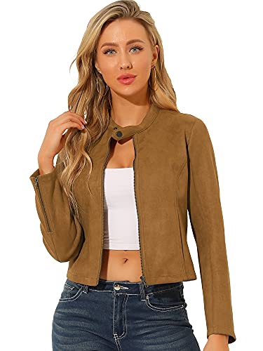 Allegra K Damen Faux Wildleder Jacke Stehkragen Reißverschluss Kurze Bikerjacke Braun L von Allegra K