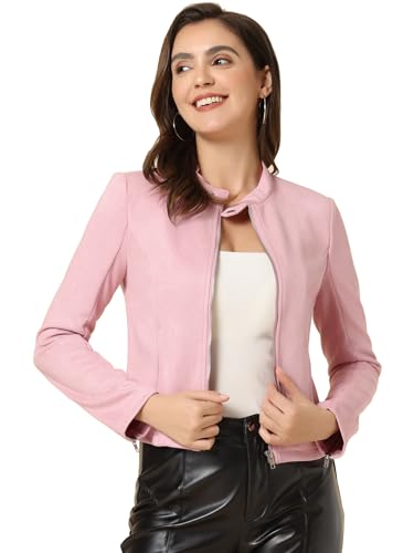 Allegra K Damen Faux Wildleder Jacke Stehkragen Reißverschluss Kurze Bikerjacke Rosa S von Allegra K