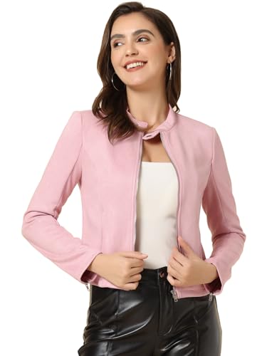 Allegra K Damen Faux Wildleder Jacke Stehkragen Reißverschluss Kurze Bikerjacke Rosa XS von Allegra K