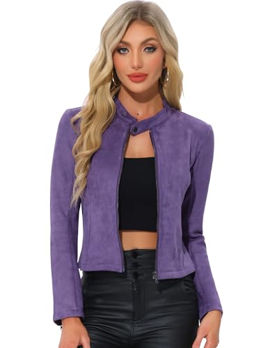 Allegra K Damen Faux Wildleder Jacke Stehkragen Reißverschluss Kurze Bikerjacke Violett XL von Allegra K