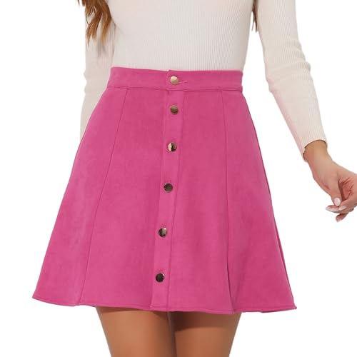 Allegra K Damen Faux Wildleder Knopf A-Linie Hohe Taille Halloween Ausgestellter Mini Kurzer Rock, Knallpink (Hot Pink), X-Groß von Allegra K