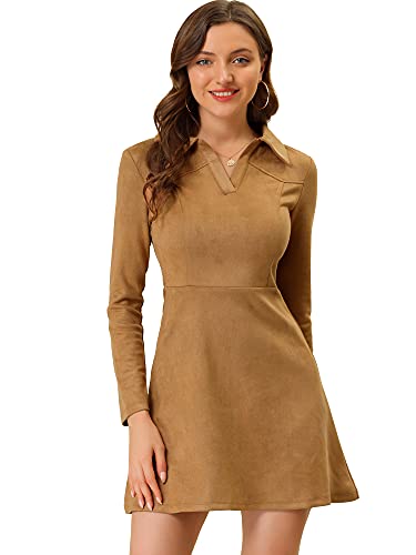 Allegra K Damen Langarm Reverskragen Faux Wildleder A-Linien Minikleid Kleid Kamel S von Allegra K