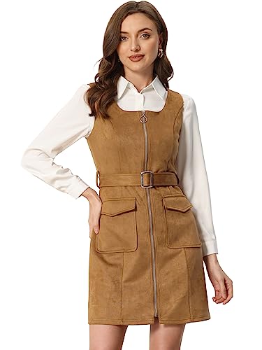 Allegra K Damen Faux Wildleder Square Neck Ärmellos Gürtel Overall Pinafore Kleid Latzkleid mit Taschen Braun L von Allegra K