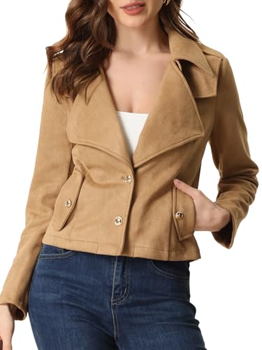 Allegra K Damen Faux Wildlederjacke Knopfleiste Langarm Revers Crop Herbst Jacke Blazer Kamel XL von Allegra K