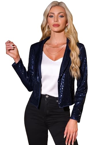 Allegra K Damen Weihnachten Kostüm Pailletten Blazer Festliche Jacke Glitzernder Vorne Offen Kurzer Cardigan Dunkelblau S von Allegra K