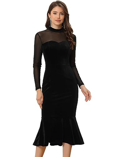 Allegra K Damen Figurbetontes Velvet Kleid Stehkragen Elegantes Durchsichtiges Mesh Midikleid Samt Cocktailkleid Schwarz XL von Allegra K