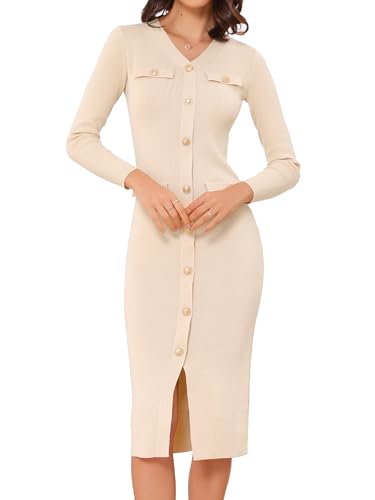 Allegra K Damen Figurbetontes Kleid V-Ausschnitt Langarm Knopfleiste Business Strick Midikleid Aprikose XS von Allegra K