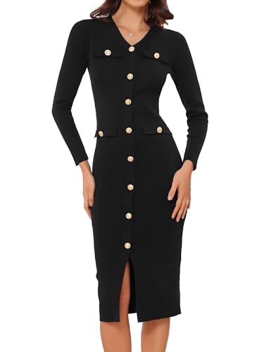 Allegra K Damen Figurbetontes Kleid V-Ausschnitt Langarm Knopfleiste Business Strick Midikleid Schwarz S von Allegra K