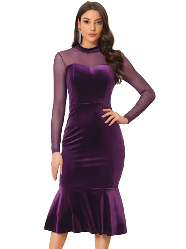 Allegra K Damen Figurbetontes Velvet Kleid Stehkragen Elegantes Durchsichtiges Mesh Midikleid Samt Cocktailkleid Dunkellila XL von Allegra K