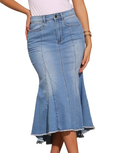Allegra K Damen Fischschwanz Jeans Rock Hohe Taille Verwaschener Modischer Denim Midirock Hellblau XS von Allegra K