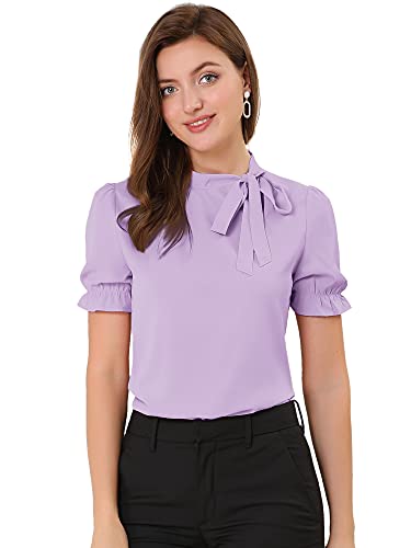 Allegra K Damen Elegant Bluse Kurzarm Panel Fliege Hals Rüschen Einfarbig Top Lila XL von Allegra K