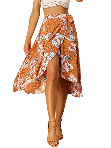 Allegra K Damen Floral Blumenmuster Elegant Midi Wickelrock Orange XL von Allegra K