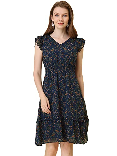 Allegra K Damen Sommerkleid Volant Ärmel V-Ausschnitt Rüschen Taille Kleid Dunkel Blau S von Allegra K