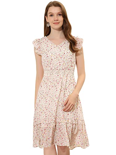 Allegra K Damen Floral Flatterärmel V Ausschnitt Gesmoktes Rüschen Kleid, weiß/pink, X-Groß von Allegra K