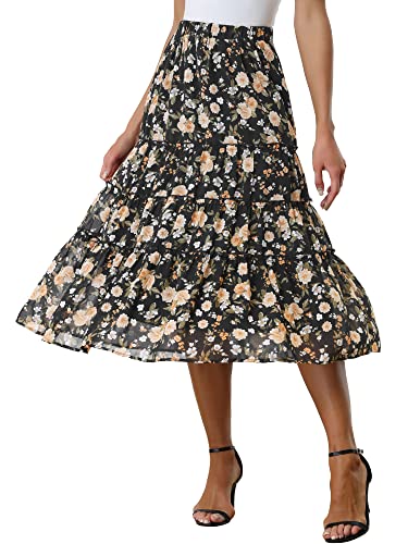 Allegra K Damen Floral Lange Röcke Elastische Taille Tiered Rüschen Boho Midi Rock, Schwarz, Groß von Allegra K