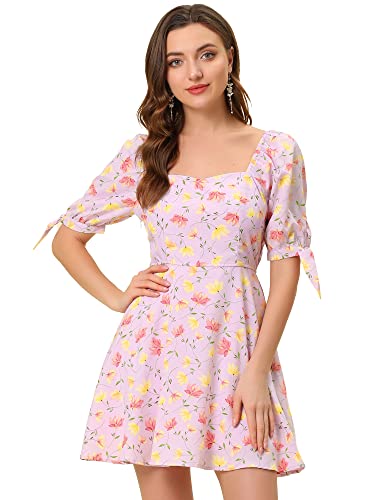 Allegra K Damen Floral Sweetheart Neck Puff Sleeve Fit und Flare A-Line Mini Keid Hell Lila S von Allegra K