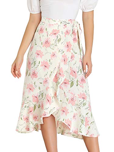 Allegra K Damen Floral Wrap Midi Röcke Asymmetrische Rüschen Tie Taille Röcke, weiß, 42 von Allegra K