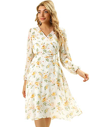 Allegra K Damen Floral Wrap V-Ausschnitt Langarm Split Beach Flowy Midi Kleid Weiß M von Allegra K