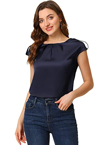 Allegra K Damen Satin Bluse Kurzarm Rundhals Flügelärmel Plissee Seide Top Shirt Arbeit Oberteil Dunkelblau S von Allegra K