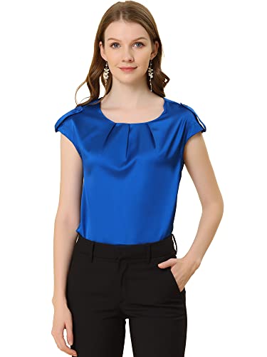 Allegra K Damen Satin Bluse Kurzarm Rundhals Flügelärmel Plissee Seide Top Shirt Arbeit Oberteil Königsblau S von Allegra K