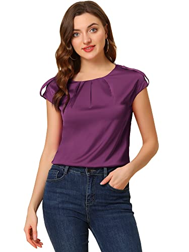 Allegra K Damen Satin Bluse Kurzarm Rundhals Flügelärmel Plissee Seide Top Shirt Arbeit Oberteil Violett S von Allegra K