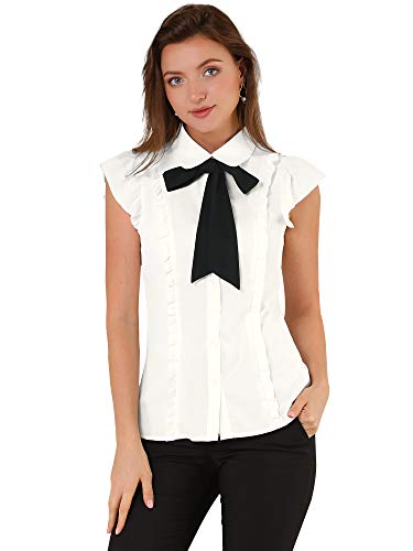 Allegra K Damen Ärmellos Top Bubikragen Krawatte Rüschen Fliege Knopfleiste Chiffon Shirt Bluse mit Schleife am Kragen Weiß XS von Allegra K