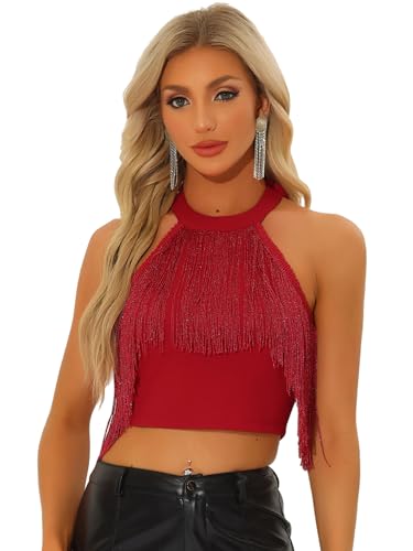 Allegra K Damen Fringe Trim Tops Party Glitzer Ärmelloses Neckholder Korsett Tanktop Rot S von Allegra K