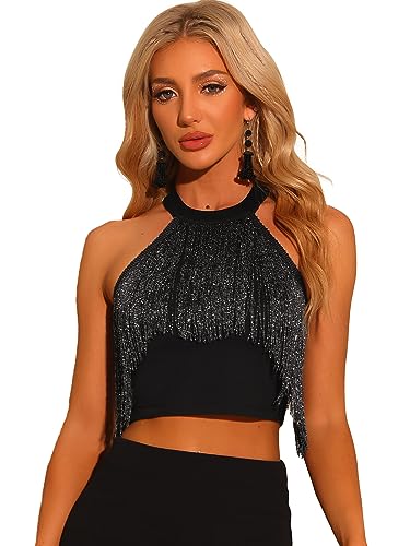 Allegra K Damen Fringe Trim Tops Party Glitzer Ärmelloses Neckholder Korsett Tanktop Schwarz L von Allegra K