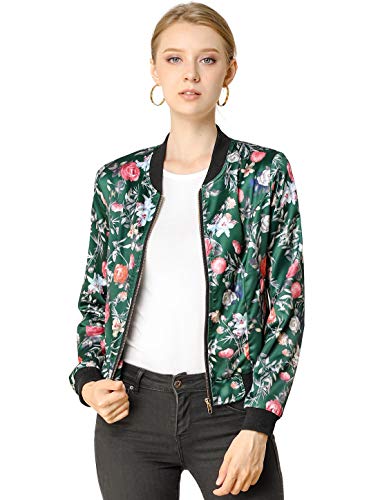 Allegra K Damen Frühling Sommer Bomberjacke Blumenmuster Reißverschluss Jacket Dunkelgrün XL von Allegra K