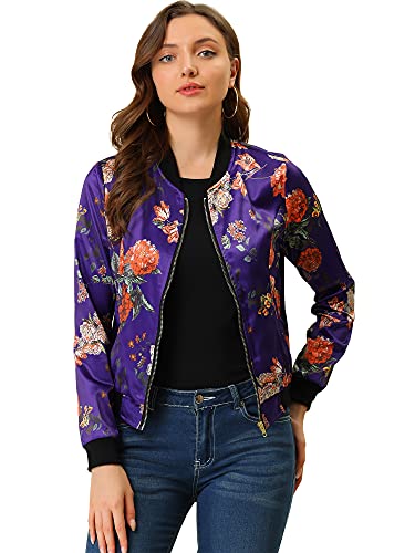 Allegra K Damen Bunt Blouson Frühling Sommer Bomberjacke Blumenmuster Reißverschluss Jacket Dunkellila XS von Allegra K