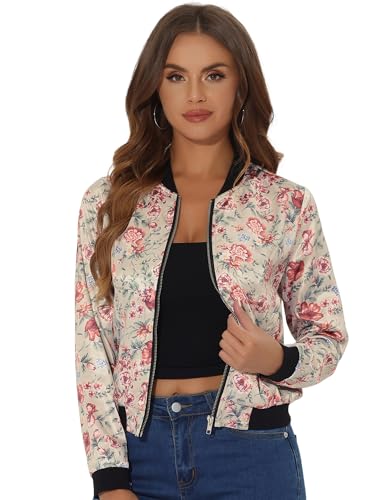Allegra K Damen Bunt Blouson Frühling Sommer Bomberjacke Blumenmuster Reißverschluss Jacket Grau Weiß Blau M von Allegra K