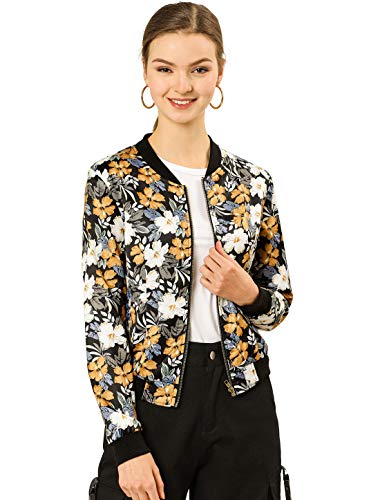 Allegra K Damen Frühling Sommer Bomberjacke Blumenmuster Reißverschluss Jacket Schwarz XS von Allegra K