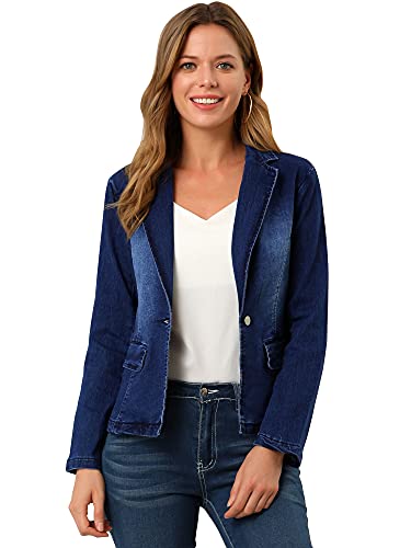 Allegra K Damen Gekerbtem Revers und Langen Ärmeln aus Verwaschenem Denim Blazer Jacke Blau XS von Allegra K