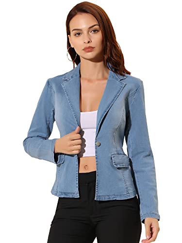 Allegra K Damen Gekerbtem Revers und Langen Ärmeln aus Verwaschenem Denim Blazer Jacke Hellblau XS von Allegra K