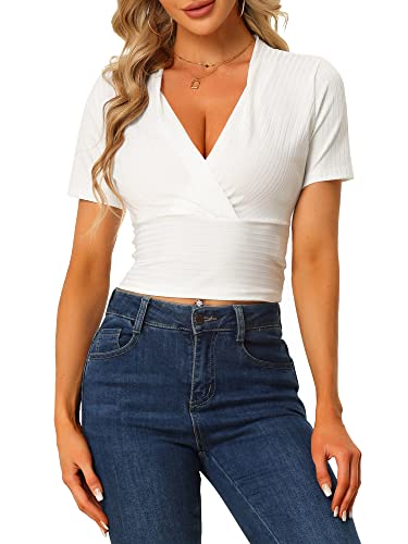 Allegra K Damen Gerippte Tiefer V-Ausschnitt Kurzarm Cross Wrap Crop Tops, weiß, M Kurz von Allegra K