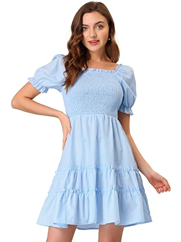 Allegra K Damen Gesmoktes Gestuftes Puffärmeln Eckigem Ausschnitt Babydoll Kleid Blau L von Allegra K