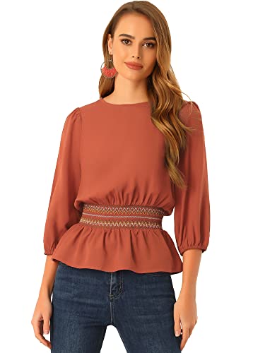 Allegra K Damen Oberteil Rundhals Schößchen Puffärmel Rüschen Taille Tunika Bluse Orange S von Allegra K