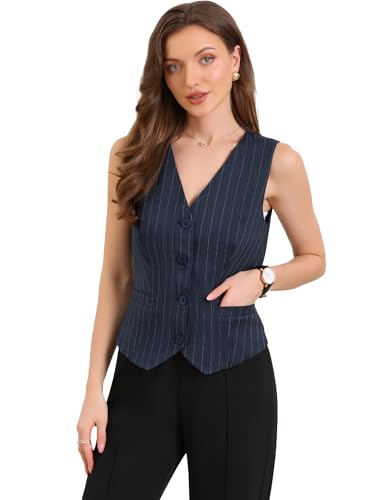 Allegra K Damen Gestreifte Blazer Weste V-Ausschnitt Ärmellos Button-Down Gefüttert Elegante Anzugweste mit Taschen Dunkelblau L von Allegra K