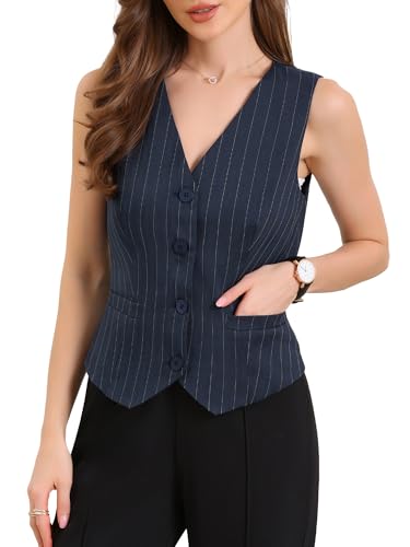 Allegra K Damen Gestreifte Blazer Weste V-Ausschnitt Ärmellos Button-Down Gefüttert Elegante Anzugweste mit Taschen Dunkelblau XL von Allegra K