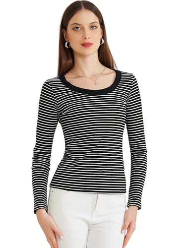 Allegra K Damen Gestreiftes Hemd Stretch U-Ausschnitt Langärm Lässig Basic T-Shirt Schwarz S von Allegra K