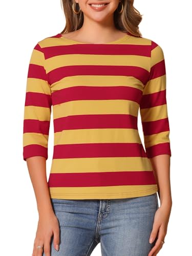 Allegra K Damen Gestreiftes Shirt U Boot Ausschnitt Halbarm Party Ferien Streifen Top Bluse Gelb Rot S von Allegra K