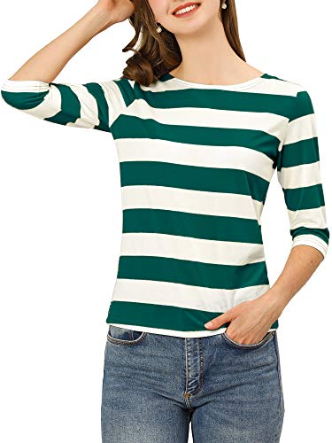 Allegra K Damen Gestreiftes Shirt U Boot Ausschnitt Halbarm Party Ferien Streifen Top Bluse Grün Weiß XXL von Allegra K