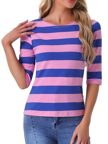 Allegra K Damen Gestreiftes Shirt U Boot Ausschnitt Halbarm Party Ferien Streifen Top Bluse Pink Blau XL Allegra K Damen Gestreiftes Shirt U Boot Ausschnitt Halbarm Party Ferien Streifen Top Bluse Pink Blau XL von Allegra K